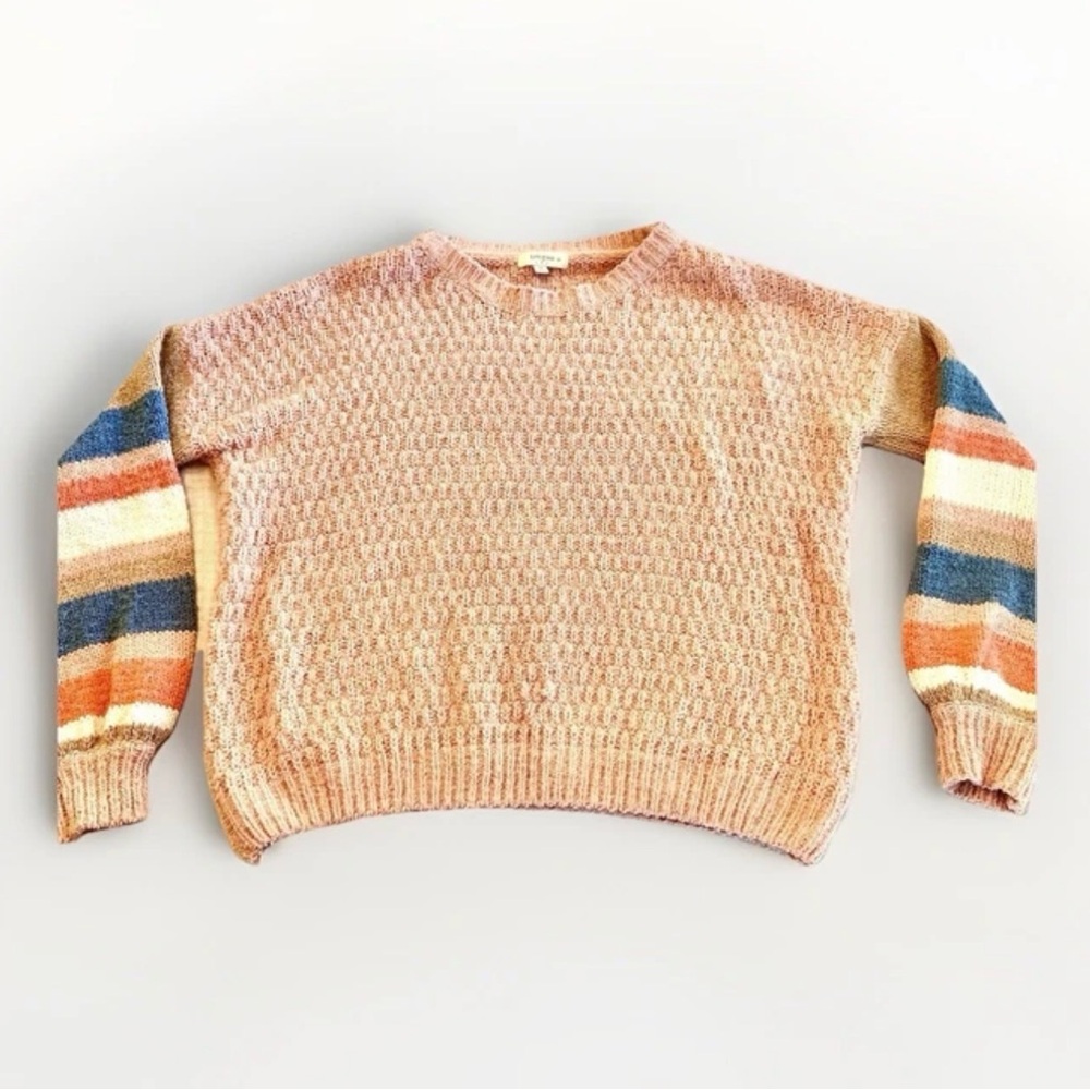 Umgee Chunky Knit Sweater Pink with‎ Multicolor Stripe Sleeves Size XL